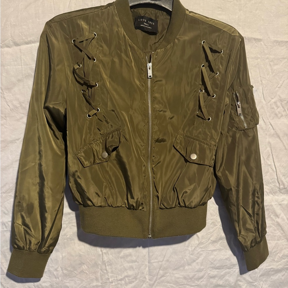 Love Tree Olive Lace-Up Bomber Jacket